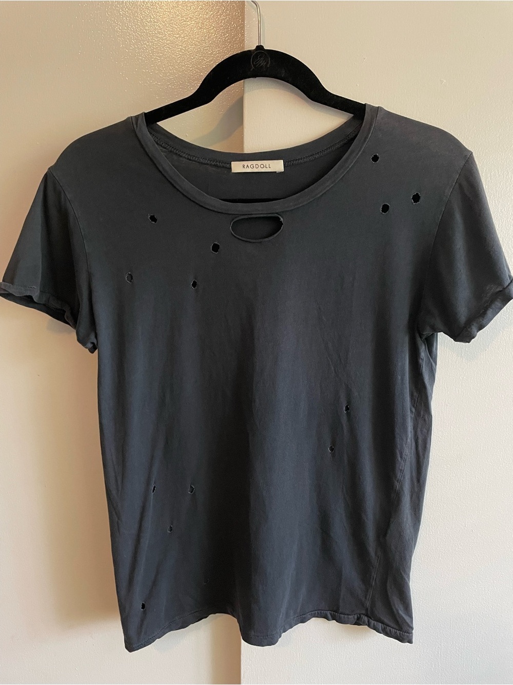 Ragdoll Los Angeles Distressed Vintage Tee Small Faded Black Keyhole Cutout Cott